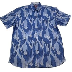 Luciano Visconti Mens Shirt Large Blue Camouflage‎ Pattern Short Sleeve